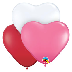 Pretty 11 inch in Rose, White and Ruby Red heart shaped balloons. Package of 12