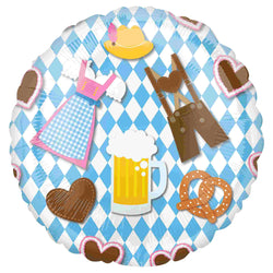 18 inch round oktoberfest balloon with traditional blue and white plaid decoration, dirndl, lede rhosenpretzel