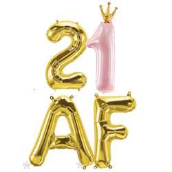 21 AF balloon banner in gold and light pastel pink with a crown on top of the pink number 1 balloon