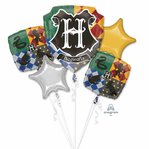 Harry Potter Balloon Bouquet with hogarts crests, and star foil balloons in gold and silver.