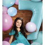 Girl celebrating Birthday with pastel bluenumber Balloons in 40 INch and confetti