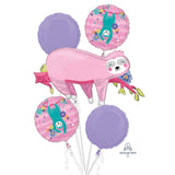 Balloon Bouquet Set 5 with 37 inch Pink Sloth, 2 round purple balloons and 2 round upside down sloth balloons