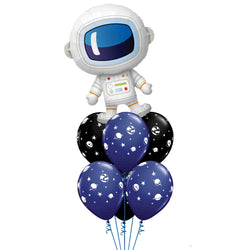 Astronaut space party balloon bouquet, with 6 celestial print latex balloons and a large astronaut space man balloon