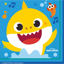 Baby Shark Lunch Napkins. These colorful paper napkins feature a singing Baby Shark on a sea-blue background with a dark blue border.  