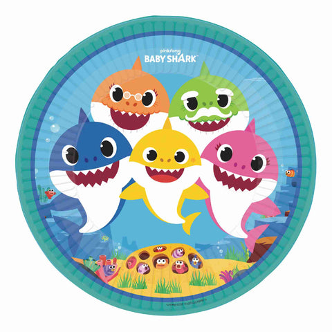 These colorful paper plates feature Baby Shark, Daddy Shark, Mommy Shark, Grandma Shark, and Grandpa Shark underwater surrounded by coral and rocks.