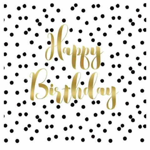 Black and White Confetti Birthday Paper Napkins with Metallic Gold Happy Birthday Print