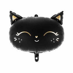 Matte black Cat Foil Balloons with Pretty Lashes and gold whiskers