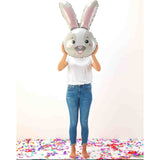 Girl holding bunny rabbit balloon 37 Inch in grey, white and pink