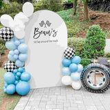 Race car birthday balloon garland with checkered flag balloons