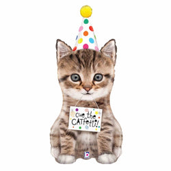 The cutest kitten balloon!  Kitty cat holding a "Cue the Catfetti" sign wearing a polk dot party hat.