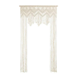 Woven fringed macrame wall backdrop in off white color with wood dowel