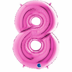 Bright pink fuchsia number 8 balloons in small 14 inch size