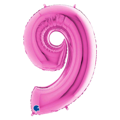 Bright pink fuchsia number 9 balloons in small 14 inch size