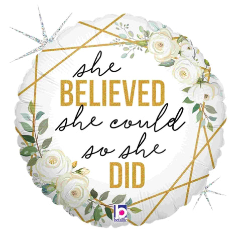 18 Inch round balloon with Geo floral pattern in glitter gold, green, white and black.  "She Believed she Could so she did" message