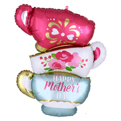 Happy Mother's Day Mom tea cup balloon with flowers in pink, light blue and gold. Stunning design!