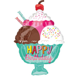 23 Inch Happy Birthday Ice Cream Sundae Balloon with 3 scoops of ice cream, whip cream, sprinkles and a cherry on top