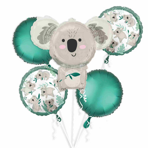 Koala Bear Balloon Bouquet Set of 5 by Anagram featuring a giant foil koala balloon with a smile on its face and a snack in its hand