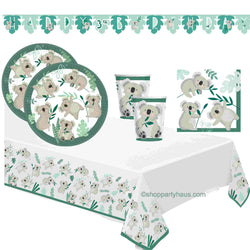 Koala Bear Party Tableware Setting for 8 or 16 including napkins, cups, plates, banner and tablecloth