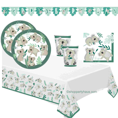 Koala Bear Party Tableware Setting for 8 or 16 including napkins, cups, plates, banner and tablecloth