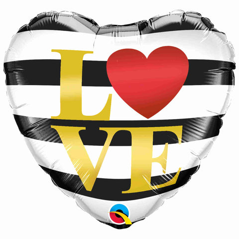 LOVE Heart Balloon in Red and Gold with Stripes in Black and White | 18 Inch