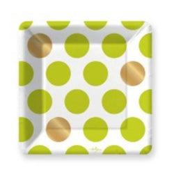 Paper party plates in white with lime green and metallic gold foil polka dots