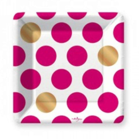 Magenta pink and gold foil polka dot paper party plate 