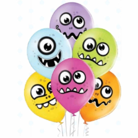 12 inch funny face monster balloon bouquet in yellow, orange, pink, blue, green