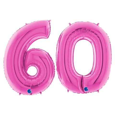 40 Inch Large Number 60 Balloons in hot fuchsia pink.