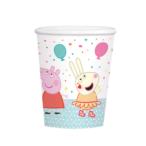 9 oz Peppa Pig Paper Beverage Drink Cups.  The disposable paper cups feature a teal bottom border, a confetti-covered background, and their favorite characters.