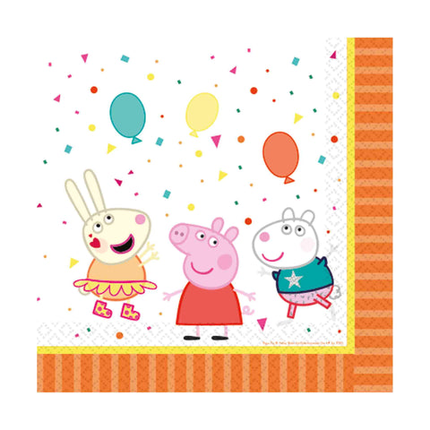 6.5 inch Peppa Pig Lunch Napkins with confetti background, an orange border, and Peppa with Suzy and Rebecca