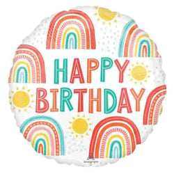 18 Inch round rainbow and sun balloons with happy birthday print