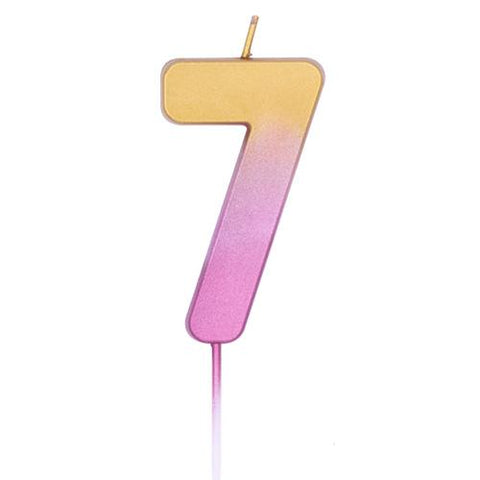 These gold/pinkish rose gold shimmer number 7 candles are hot! We love them!   Create a stunning personalized birthday cake design with this rose gold ombre number seven shaped candle.  These also come in long candles and HAPPY BIRTHDAY letter set.