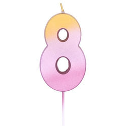 These gold/pinkish rose gold shimmer number 8 candles are hot! We love them!   Create a stunning personalized birthday cake design with this rose gold ombre number eight shaped candle.  These also come in long candles and HAPPY BIRTHDAY letter set.