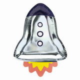 Silver and navy rocket or space ship shaped paper party plates with yellow and orange booster