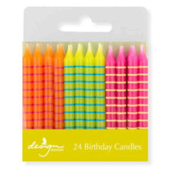 Bright striped birthday candles in orange, yellow and pink 