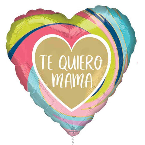 Pink, green, blue swirl pattern with a gold heart in the center with the message "Te Quiero Mama"