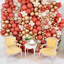 Mix of terra cotta, gold chrome and white sand latex balloons