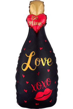 Valentine's Day Balloon. Matte black champagne bottle with red and "Love" "XOXO" and "Be Mine" and kissy lips + hearts