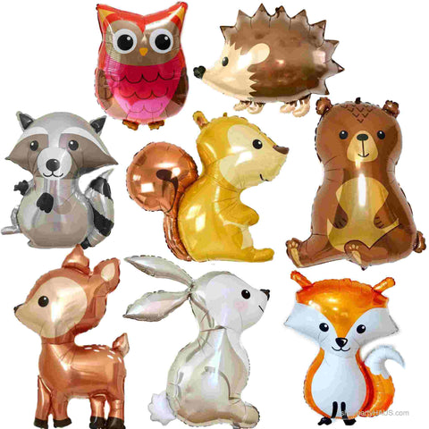 Woodland Animal Balloons in 8 different designs: deer, owl, rabbit, squirrel, hedgehog, fox and raccoon