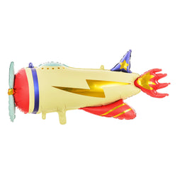 Airplane balloon in red, beige and blue with prop, lightning bolt in gold and flames