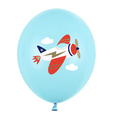 Light blue latex balloons in 11 inch size with cute vintage airplane print and white clouds