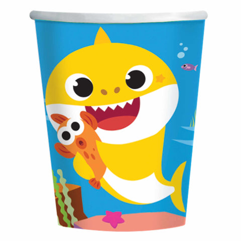 Baby SharkCute baby shark paper cups feature a smiling Baby Shark on a sea-blue background. 