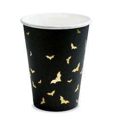 Halloween paper cups in black with gold metallic embossed bats