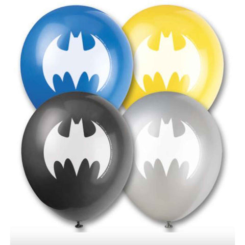 11 inch. Batman Emblem Latex Balloons in Black, Blue, Silver and Yellow with white symbol