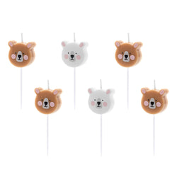 White and brown cuddly bear woodland theme cake candles with pink cheeks.  Set of 6.