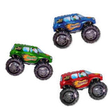 Monster big wheel truck balloons shown in blue, red and green