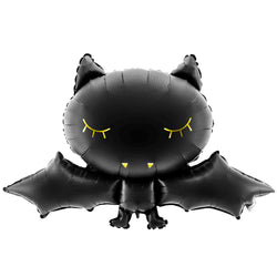 Matte black foil bat balloon with gold eyes and fangs