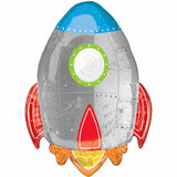 29 inch blast off rocket ship balloon in silver, blue, red and orange