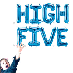 girl holding high five letter banner in royal blue block letter balloons