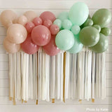 Latex balloon garland in sage green, mint, pink blush, and rosewood